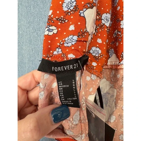 Used Forever 21 L Orange Blue White Floral Print Sleeveless Jumpsuit Jumper - Picture 11 of 12